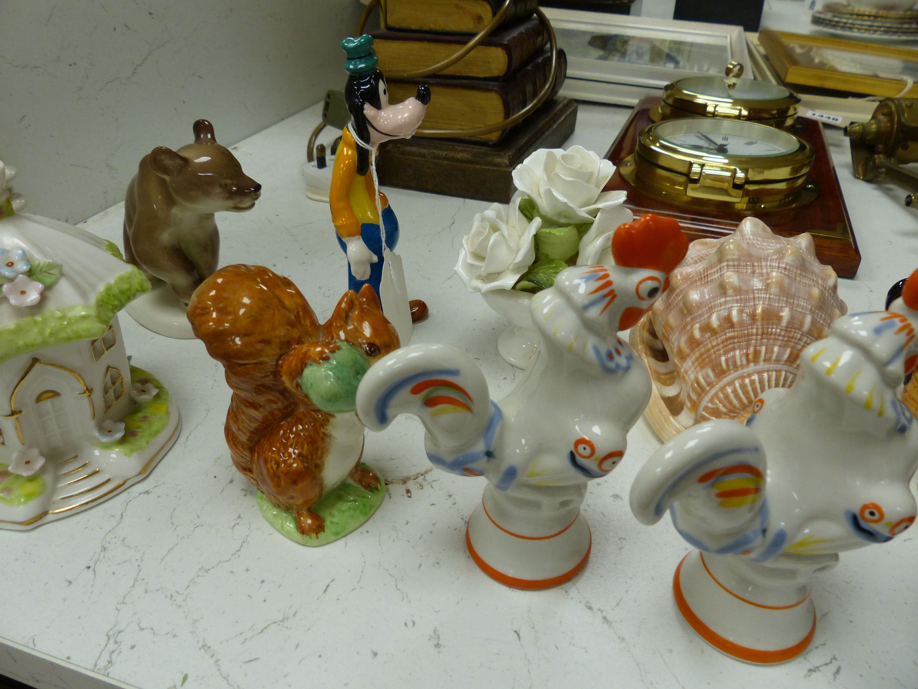 Two Beatrix Potter figures, Samuel Whiskers and Squirrel Nutkin, two Disney figures and sundry decorative items